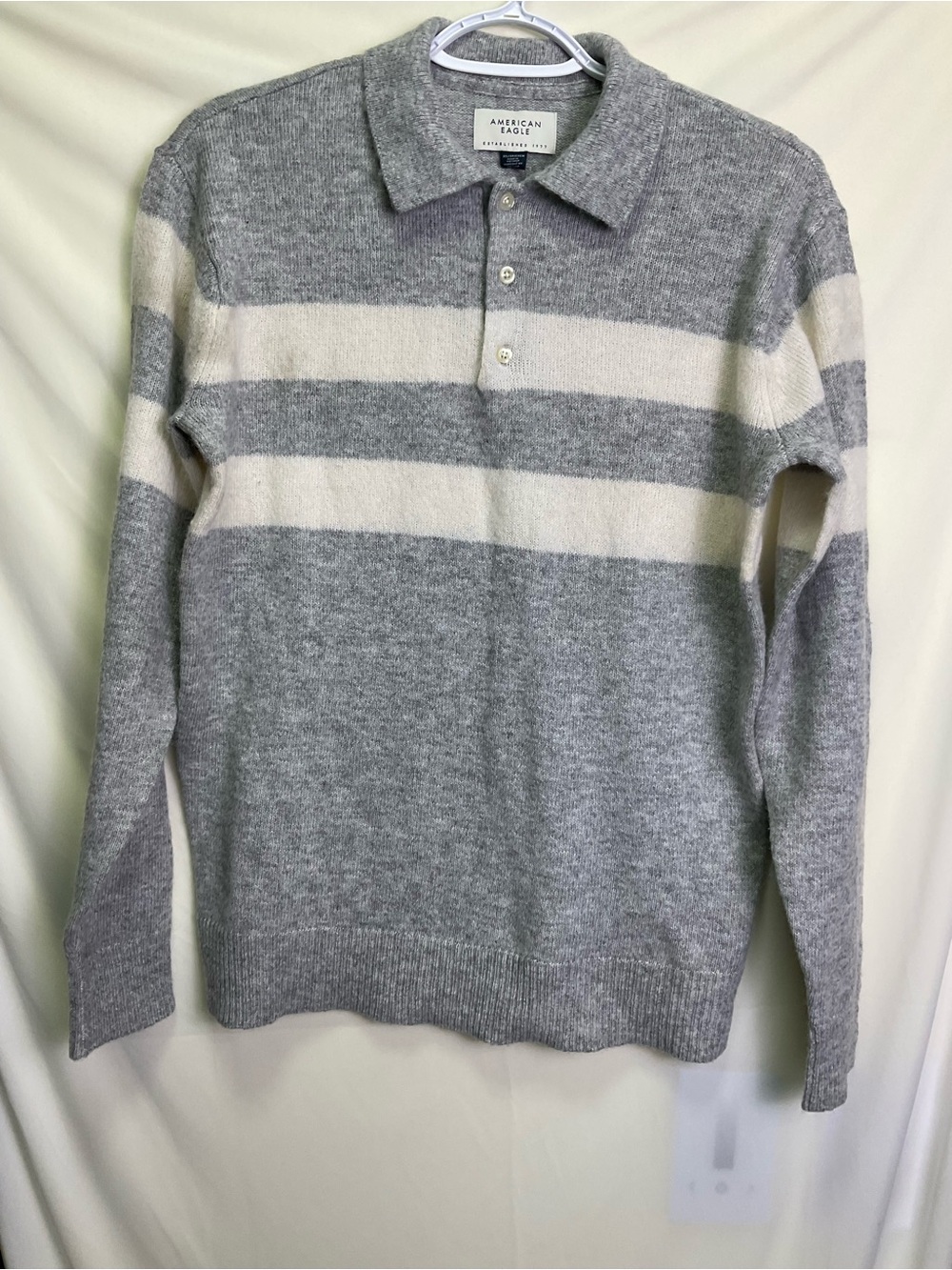 American Eagle Outfitters Gray and White Striped Polo Sweater